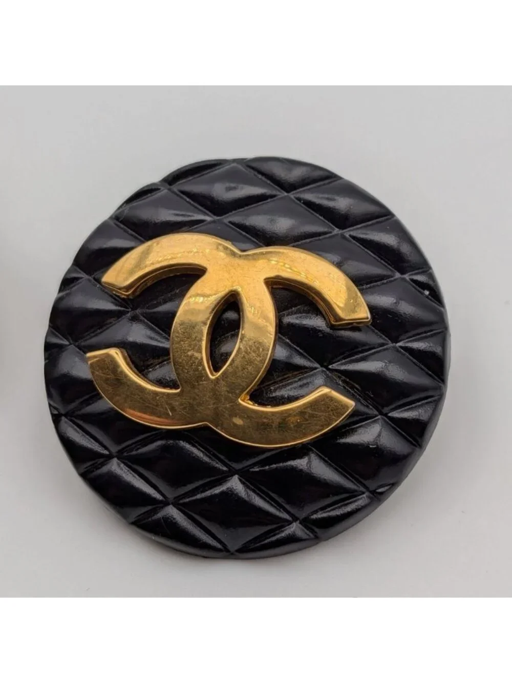 Chanel Earrings CC Logo Quilted Gold Black Round First Era Vintage